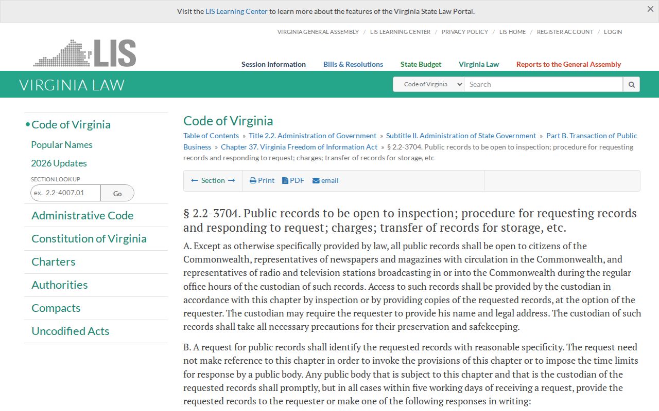King and Queen County warrant records: Virginia FOIA statute page