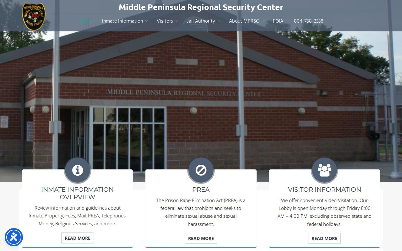 Middle Peninsula Regional Security Center official website and regional service area