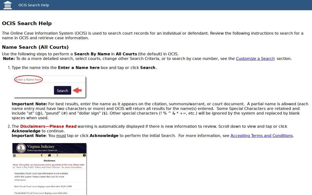 King and Queen County warrant records: official OCIS search fields